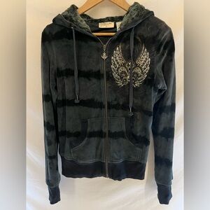 Vintage Miss Me Y2K Velour Wing Rhinestone Studded Zip Up Hooded Jacket Size M
